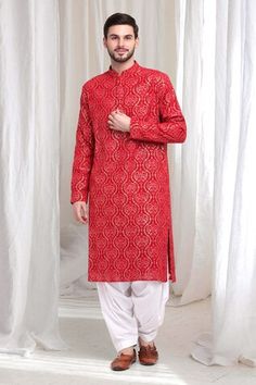 Red kurta with thread sequin embroidered paisley vine patterns. Comes with patiala. - Aza Fashions Festive Red Sherwani With Chikankari Embroidery, Embroidered Red Sherwani For Navratri, Traditional Red Sherwani With Chikankari Embroidery, Fitted Red Kurta With Chikankari Embroidery, Red Sherwani With Chikankari Embroidery For Navratri, Red Sherwani With Chikankari Embroidery Long Sleeve, Red Chikankari Embroidery Kurta For Transitional Season, Red Chikankari Embroidered Kurta For Transitional Season, Red Fitted Sherwani For Navratri