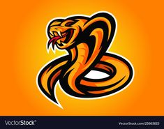 an orange and black snake with its mouth open on the side of a yellow background