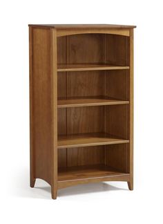 a wooden bookcase with three shelves on each side