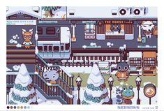 the pixel art work shows an animal in front of a building with snow on it