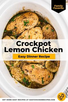 the crockpot lemon chicken recipe in a slow cooker with text overlay