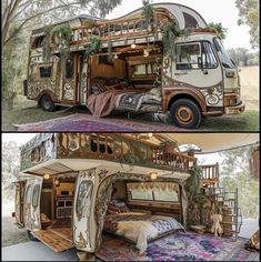 an old bus converted into a bed in the shape of a house