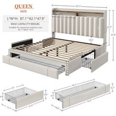 the queen size bed frame is shown with drawers