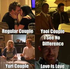 a meme featuring ships of characters from better call saul & breaking bad; the top left features an image of jesse pinkman & jane margolis with the text "normal couple", the top right features an image of gustavo fring & max arciniega with the text "yaoi couple", the bottom left features an image of saul goodman/jimmy mcgill & kim wexler with the text "yuri couple", and the last image on the bottom right is an image of walter white smiling with the text "i see no difference love is love" Mcwexler Fanart, Walking Bad