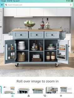 an image of a blue kitchen island with lots of drawers and shelves on the side