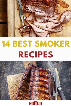 A collage featuring slices of smoked brisket on a cutting board and a rack of glazed, smoked ribs with a carving knife.