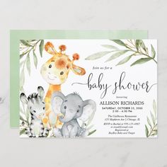 an elephant, giraffe and zebra baby shower card