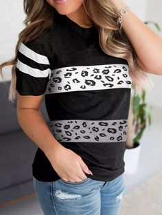 Women's Casual Black Patchwork Leopard Print T-Shirt Top Color Block Tee, Leopard Print Top, Womens Tops Summer, Casual Black, Fashion Colours, Short Sleeve Top, Stripe Print, T Shirt Top, Print Tops