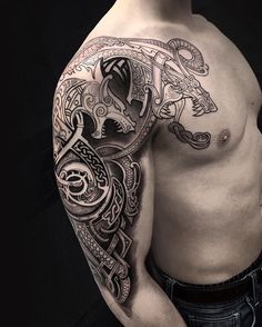 a man's half sleeve with an intricate tattoo design on his arm and shoulder