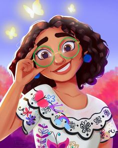 a cartoon girl with glasses smiling and holding her hand to her face