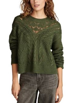 Dropped shoulders offer slouchy appeal to this pointelle textured Lucky Brand sweater. | Lucky Brand Women's Pointelle Crew Sweater, Large Stitch Sweater, Lucky Brand Sweater, Sweater Season, Crewneck Sweater, Cilantro, Crew Neck Sweater, Cable Knit, Lucky Brand, Sweater Top