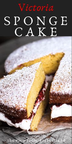 a cake that is cut in half on a plate with the words victoria sponge cake