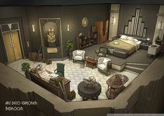 an artistic rendering of a bedroom with furniture and decor on the walls, as well as stairs