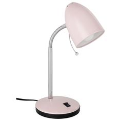 a pink desk lamp sitting on top of a white table next to a black base