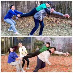 four different pictures of people playing frisbee in the yard