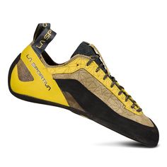 the climbing shoe is yellow and black