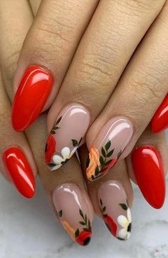 Crazy Design, Nagellack Trends, Red Acrylic Nails, Floral Nail Designs, Colorful Nails, Floral Nail Art, Red Nail Designs, Floral Nails, Nail Arts