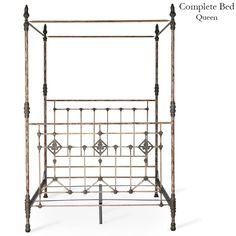 an iron bed frame with four posts and decorative designs on the sides, all in various sizes