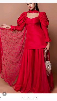 Western Red Dress, Red Sharara, Short Kurta, Latest Dress Design, Salwar Kamiz, Fancy Dresses Long, Designer Kurtis, Sleeves Designs For Dresses, Party Kleidung