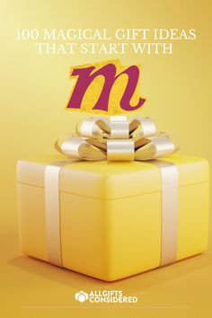 a yellow gift box with a white ribbon around it and the words, 100 magic gift ideas that start with m