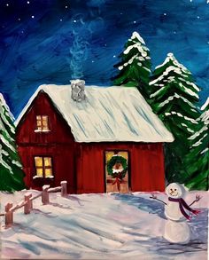 a painting of a snowman in front of a red house