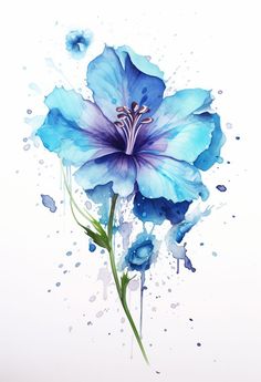 a blue flower painted with watercolors on a white background