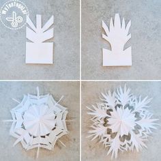 four different pictures of snowflakes made out of white paper and cut into smaller shapes