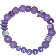 So delicious! Wrap your wrist in this scrumptious little accessory Stretchy letter bracelet with purple gumball beads, iridescent shapes & striped accents on a glitter elastic Bead Accessories, Kandi Inspo, Diy Kandi, Kandi Ideas, Bracelet Craft, Bracelet Craft Diy, Kandi Bracelets, Cool Accessories, Rainbow Necklace