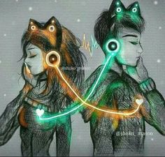 two people with glowing cats on their heads