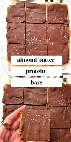 chocolate peanut butter protein bars stacked on top of each other with the words, almond butter protein bars