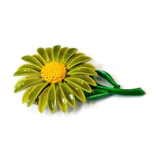 "Vintage Double Layered Petals Green and Yellow Daisy  MOD Flower Brooch. Unsigned. ca 1960s. Measures 3\"L. x 2\". It is in very good condition. cosasraras.etsy.com" Vintage Spring Brooches, Vintage Flower Enamel Pin Collectible, Green Flower Shaped Enamel Pin Brooch, Green Flower Shaped Brooch Pins, Green Flower Enamel Pin Brooch, Vintage Flower Enamel Pin For Collectors, Green Flower-shaped Brooches For Weddings, Retro Flower Brooches For Collectors, Yellow Daisy Flower