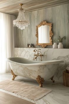 a bath tub sitting in the middle of a bathroom next to a mirror and a chandelier