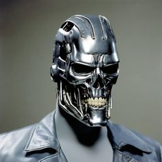 a close up of a person wearing a leather jacket with a skull on it's face