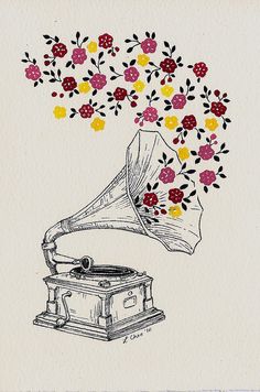 a drawing of a record player with flowers coming out of it