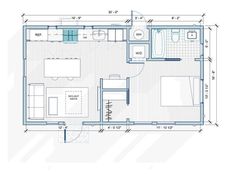 a blueprinted floor plan for a small house with an attached bathroom and living room