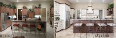 before and after photos of a kitchen remodel with island countertop, bar stools