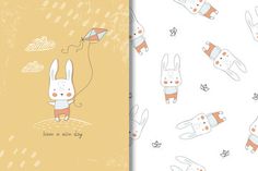 two illustrations of rabbits flying kites in the sky, one with a shirt on