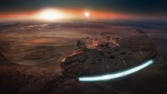 an artist's rendering of a space station in the middle of earth at sunset