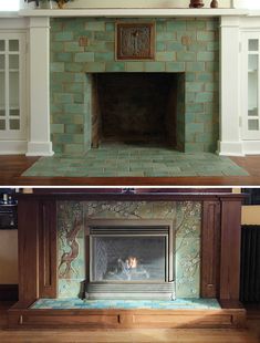 before and after pictures of a fireplace in a living room with green tiles on the wall