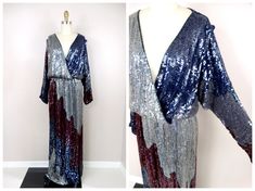 "This is an exquisite evening gown beautifully detailed and hand beaded with sequins and beading. It's in excellent condition! Bust - 40/42\" Waist - 26-34\" (measured unstretched and stretched) Hips - 44\" Length - 60\" Tag Size - 12 (please refer to measurements) This dress comes from a pet-free and smoke-free home. If you would like more info or have any questions, please don't hesitate to ask!" Festive Floor-length Sequin Dress, Sequined Floor-length Cocktail Gown, Floor-length Sequin Dress For Festive Occasions, Iridescent Dress, Sequin Evening Gowns, Sequined Dress, Embellished Gown, Evening Gowns Formal, Embellished Dress