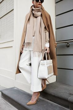 Neutral Outfit: Blair Eadie is wearing white trousers from Philip Lim, brown shoes from Joe Fresh, camel top from Otte, scarf from Culb Monaco and the bag is from Reed Krakoff Minimalisticky Chic, Mantel Outfit, Tan Coat, Fashion Friday, Inspired Outfits