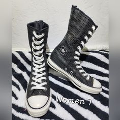 Rare Vintage Converse All Star Chuck Taylor X-Hi Calf/Knee High Tall Sneaker Shoes Boots. These Are Cute Black Shimmery Calf High Sneakers. It Has A Zipper On The Back, Making Putting And Taking These Off A Breeze. Discontinued No Longer Available. It Is Hard To Find Style And Design. Junior 5 Men 5 Women 7 Smoke-Free Home. Bundle And Save I Have Many Other Converse Shoes Listed On My Page. Please Take A Look :) Find Style, Vintage Converse, High Sneakers, Sneaker Shoes, Womens Converse, Converse All Star, Converse Shoes, Chuck Taylor, Cute Black