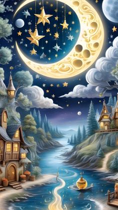 a painting of a night scene with the moon and stars