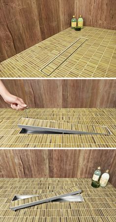 there are three different pictures of the same bathroom flooring material, and one is being used as a shower grate