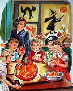 a group of children standing around a table with a pumpkin