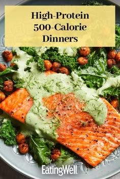 a plate with salmon, broccoli and chickpeas on it that says high protein 500 - calorie dinners