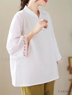 Lasaky - Exquisite Chinese Style Embroidered Blouse with Chic Stand Collar - Womens Elegant Solid Blouse for Fashion-forward Appeal White Long Sleeve Blouse With Embroidered Sleeves, Summer Long Sleeve Blouse With Embroidered Hem, White Long Sleeve Blouse With Embroidered Hem, White Embroidered Sleeve Summer Tops, White V-neck Shirt With Floral Embroidery, White V-neck Blouse With Embroidered Sleeves, White Embroidered V-neck Shirt, Spring Tunic Tops With Embroidered Hem, White Embroidered Tunic Top