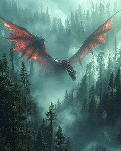 a red dragon flying over a forest covered in fog