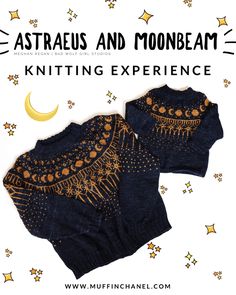 two knitted sweaters with stars and moon on them, the text reads astrales and moonbeam knitting experience