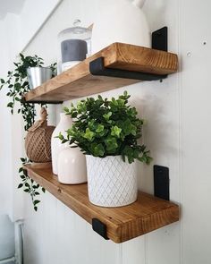 two wooden shelves with plants and vases on them